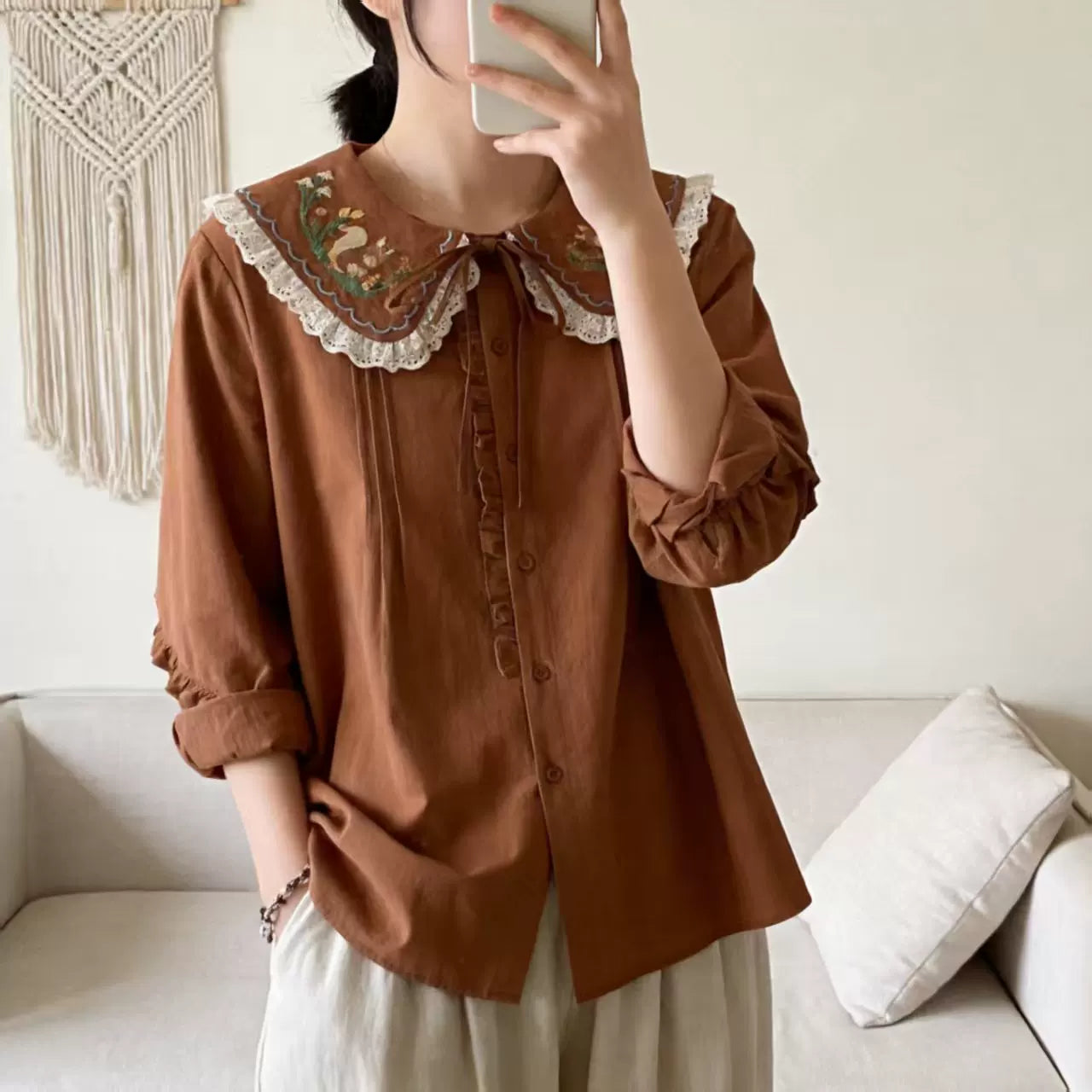 Peek-a-Squirrel Embroidered Blouse (3 Colors)