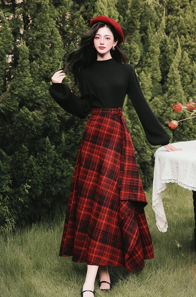 Lingonberry Plaid Asymmetrical Midi Skirt (Red/Black)