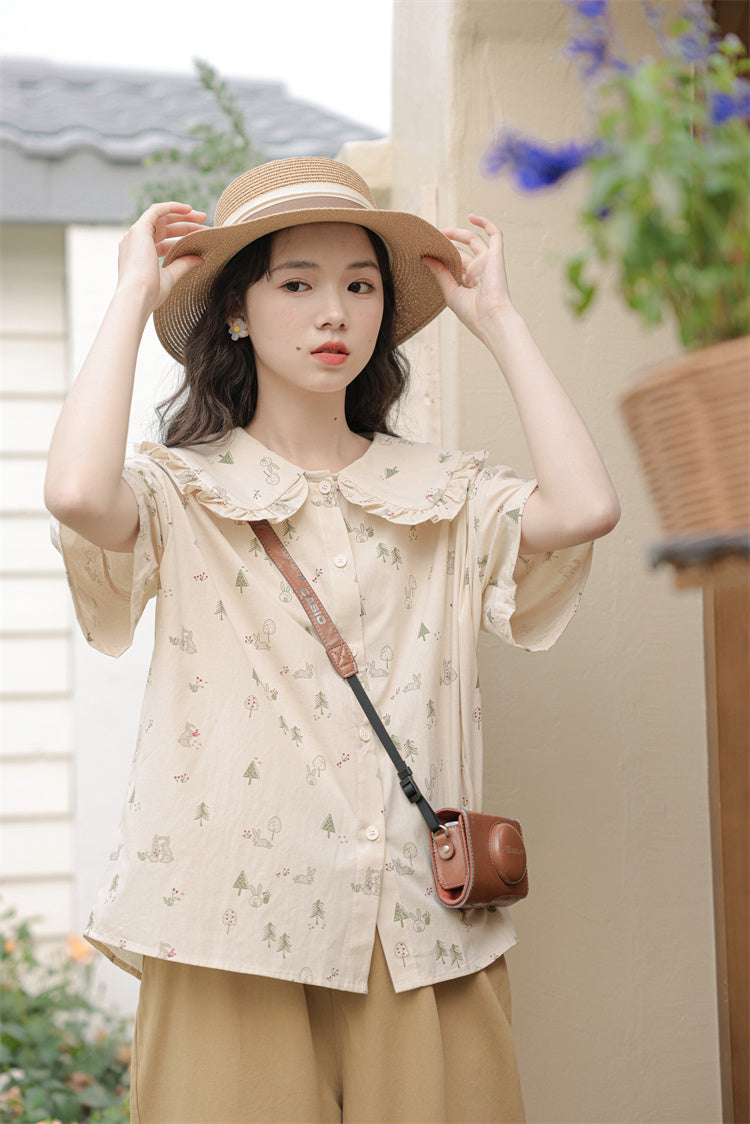 Forest Bunny Button Up Shirt (Beige)