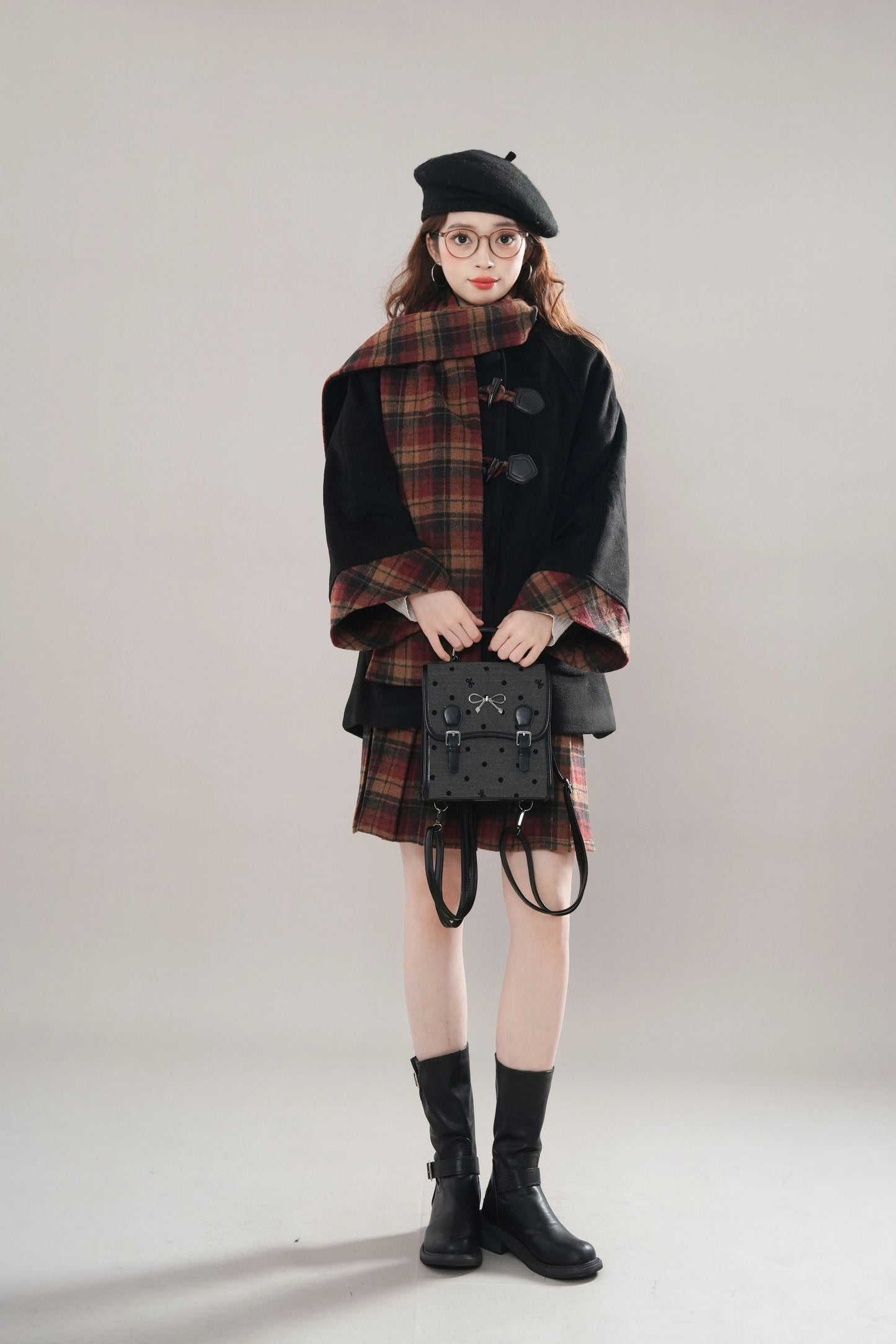 Bookshop Plaid Toggle Jacket & Skirt Set (Black)