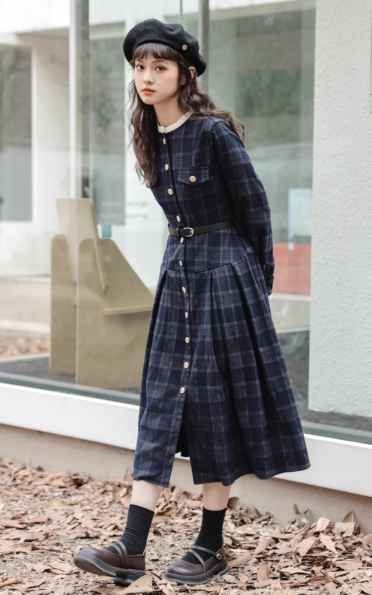 Academia Plaid Button Midi Dress (Navy)
