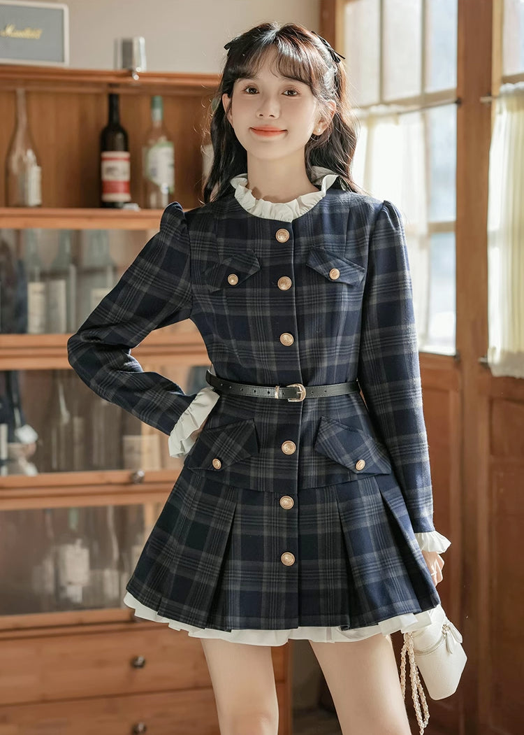 Academia Plaid Button Mini Dress (Navy)