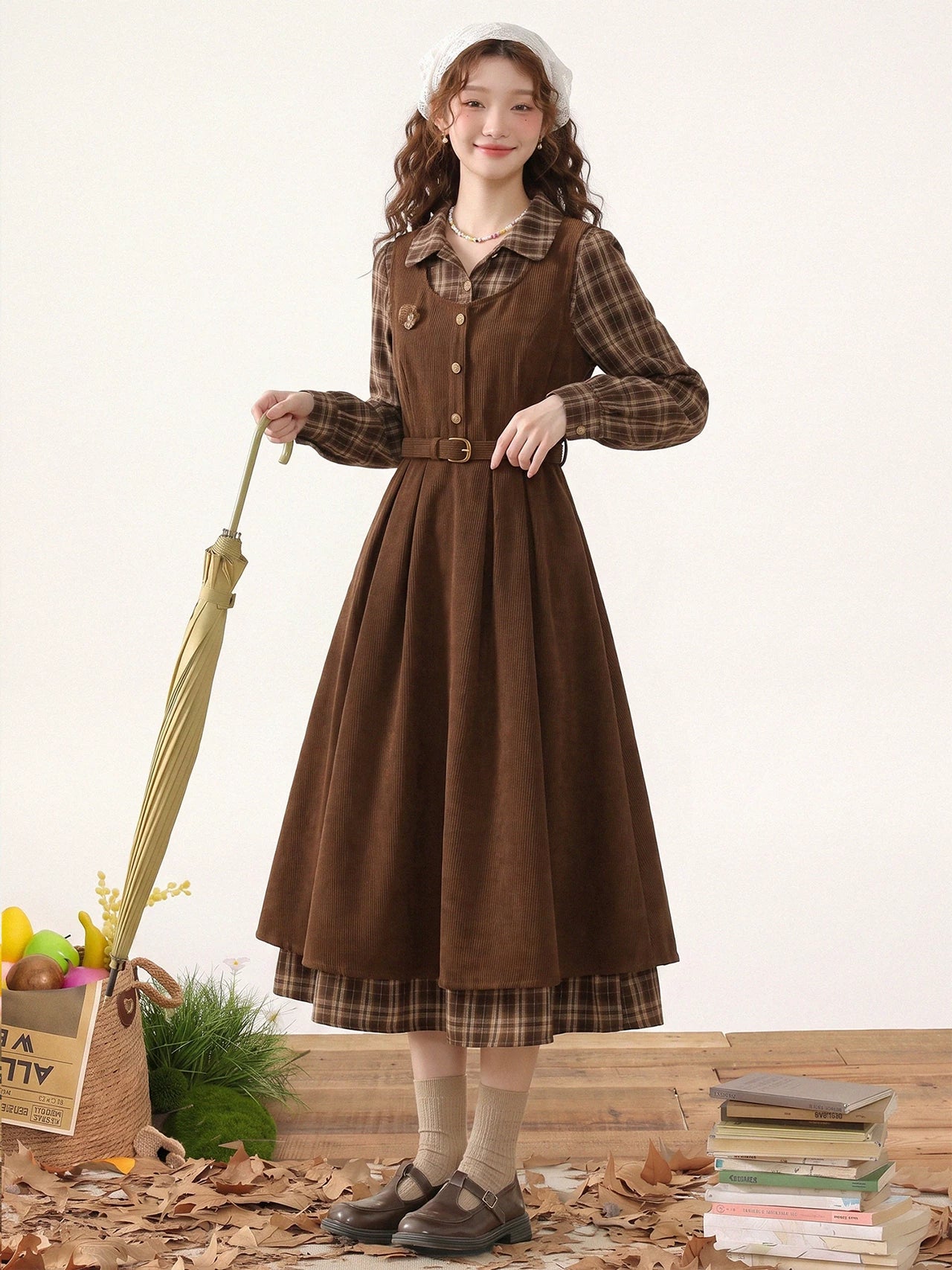 Chocolate Plaid Corduroy Twofer Midi Dress (Brown)