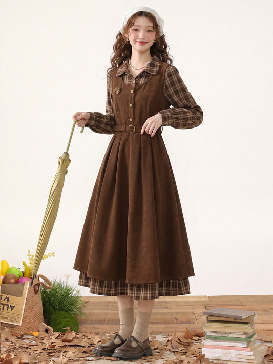 Chocolate Plaid Corduroy Twofer Midi Dress (Brown)