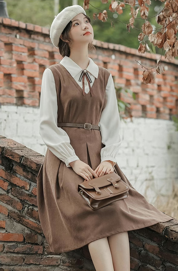 Basic Twofer Pinafore Dress (Brown)