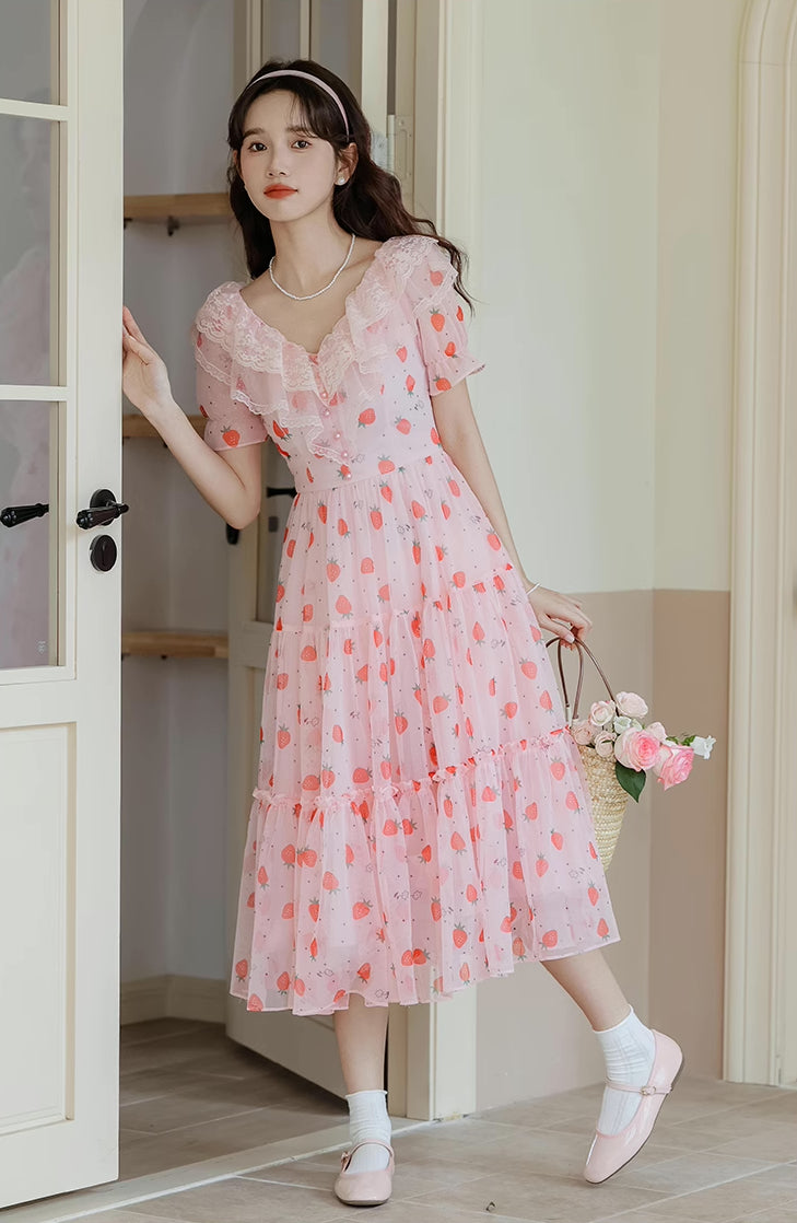 Strawberry Girl Midi Dress (Pink)