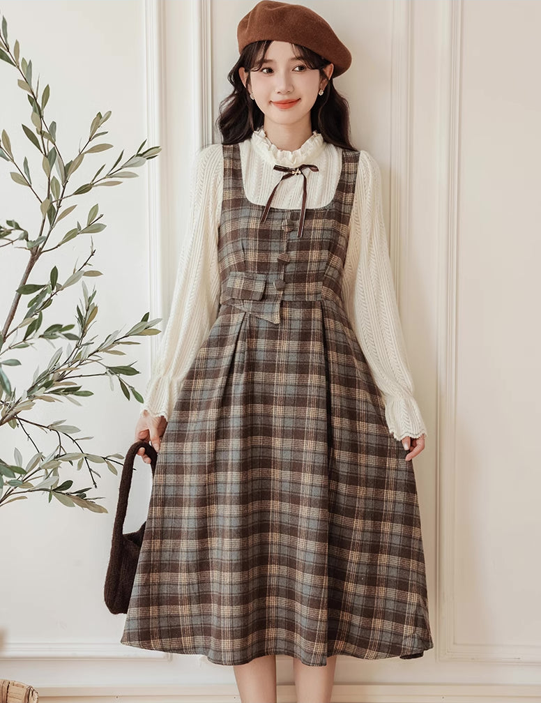 Mint Mocha Plaid Twofer Midi Dress (Khaki)