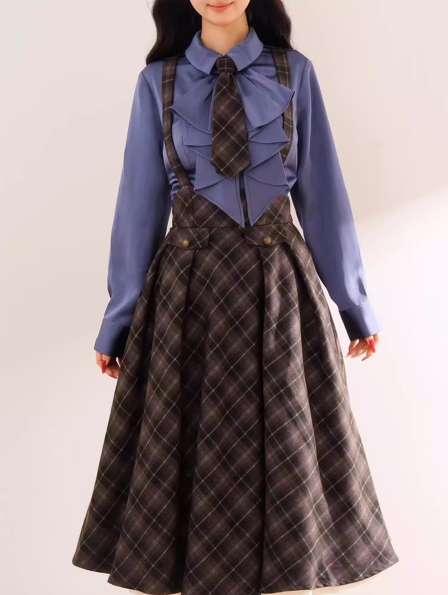 Newsgirl Plaid Suspender Skirt & Blouse Set (2 Colors)