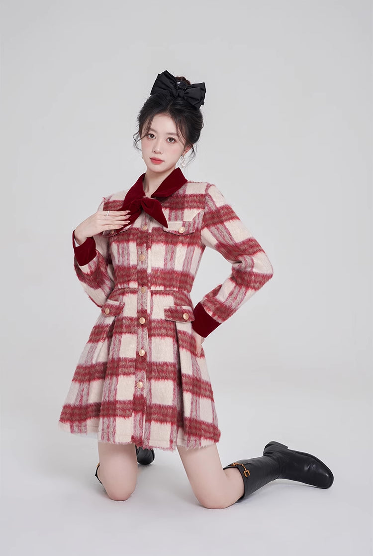 Fuzzy Candy Cane Plaid Mini Dress (Red/White)