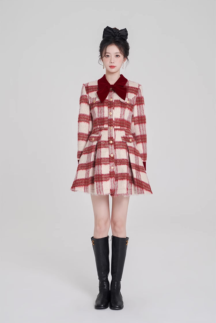 Fuzzy Candy Cane Plaid Mini Dress (Red/White)