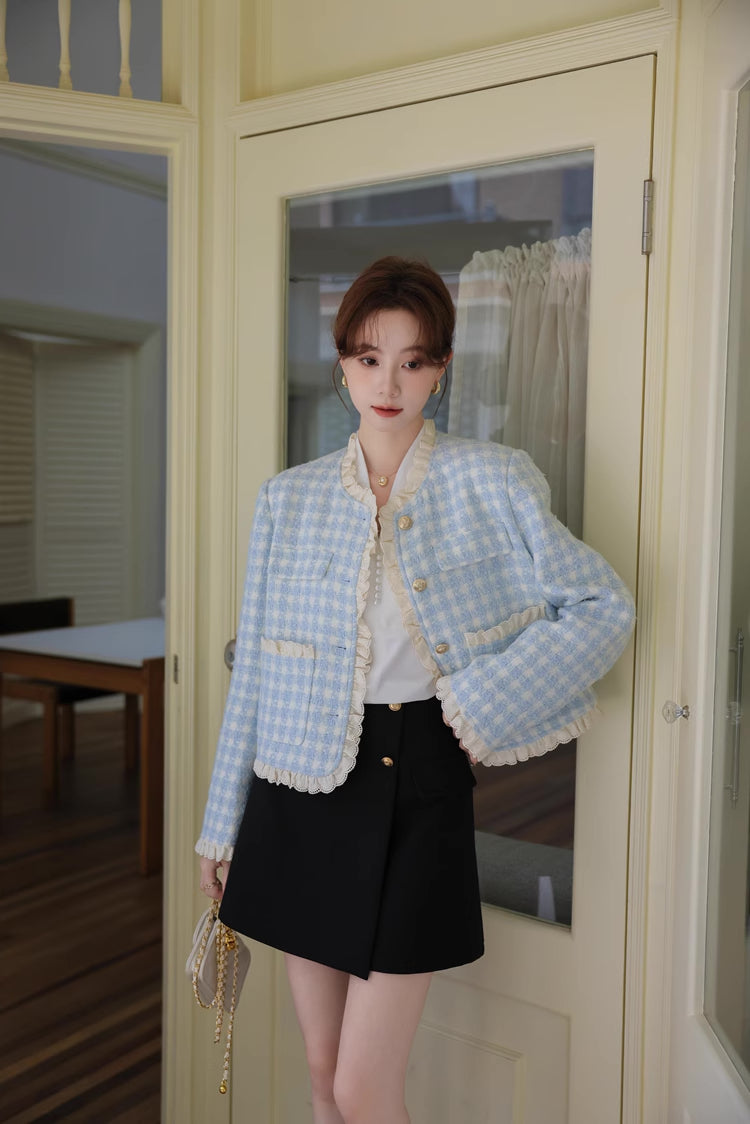 Gingham Lace Trim Tweed Jacket (Blue)