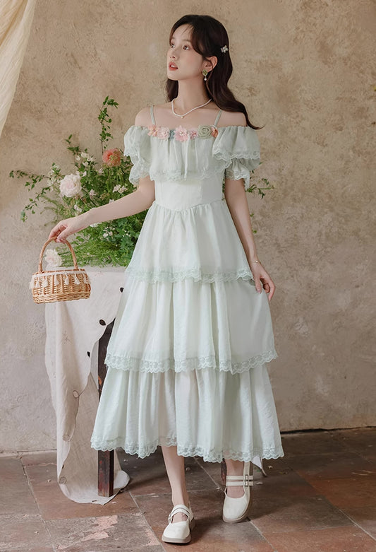 Garden Fairy Tiered Cold Shoulder Midi Dress (Mint Green)