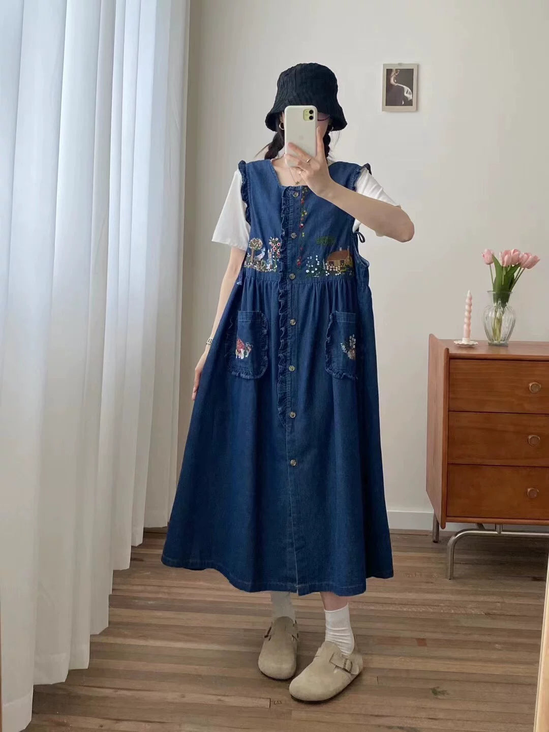 Backyard Cottage Embroidered Denim Dress (3 Colors) Dark Denim / One Size