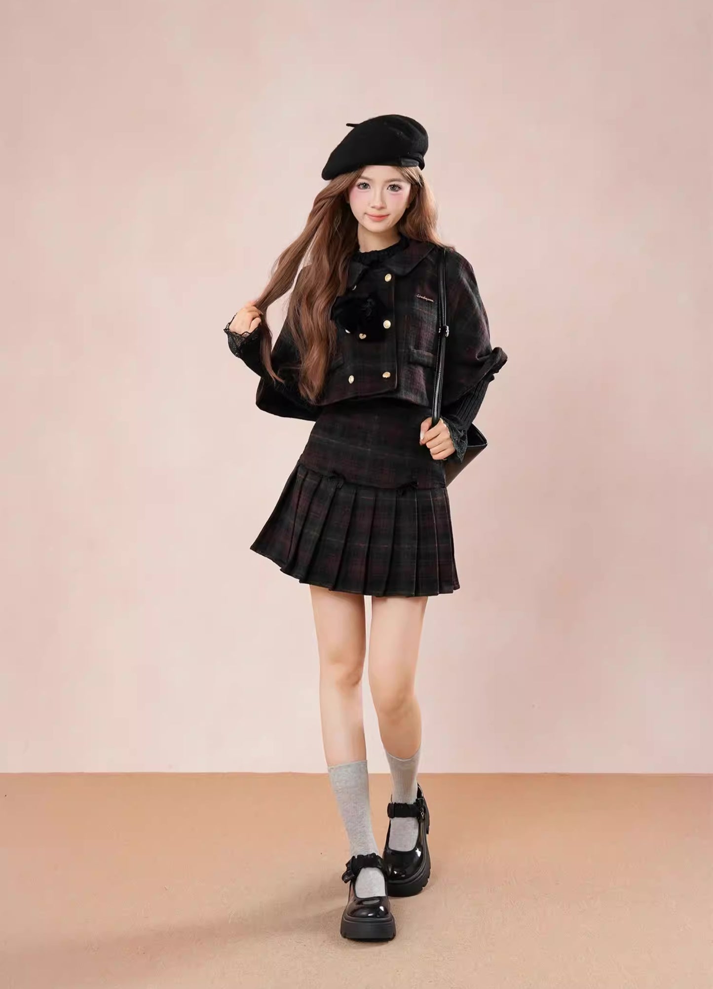 Black Forest Plaid Capelet & Mini Skirt Set (Green/Purple)