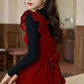 Velvet Frilly Bow Pinafore Dress (Red)