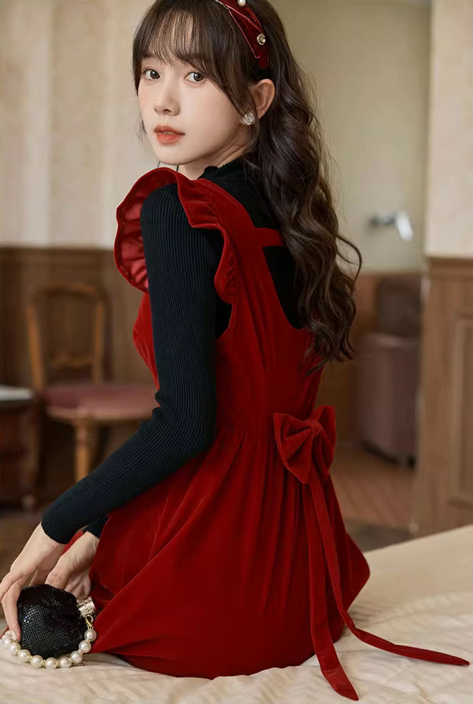 Velvet Frilly Bow Pinafore Dress (Red)