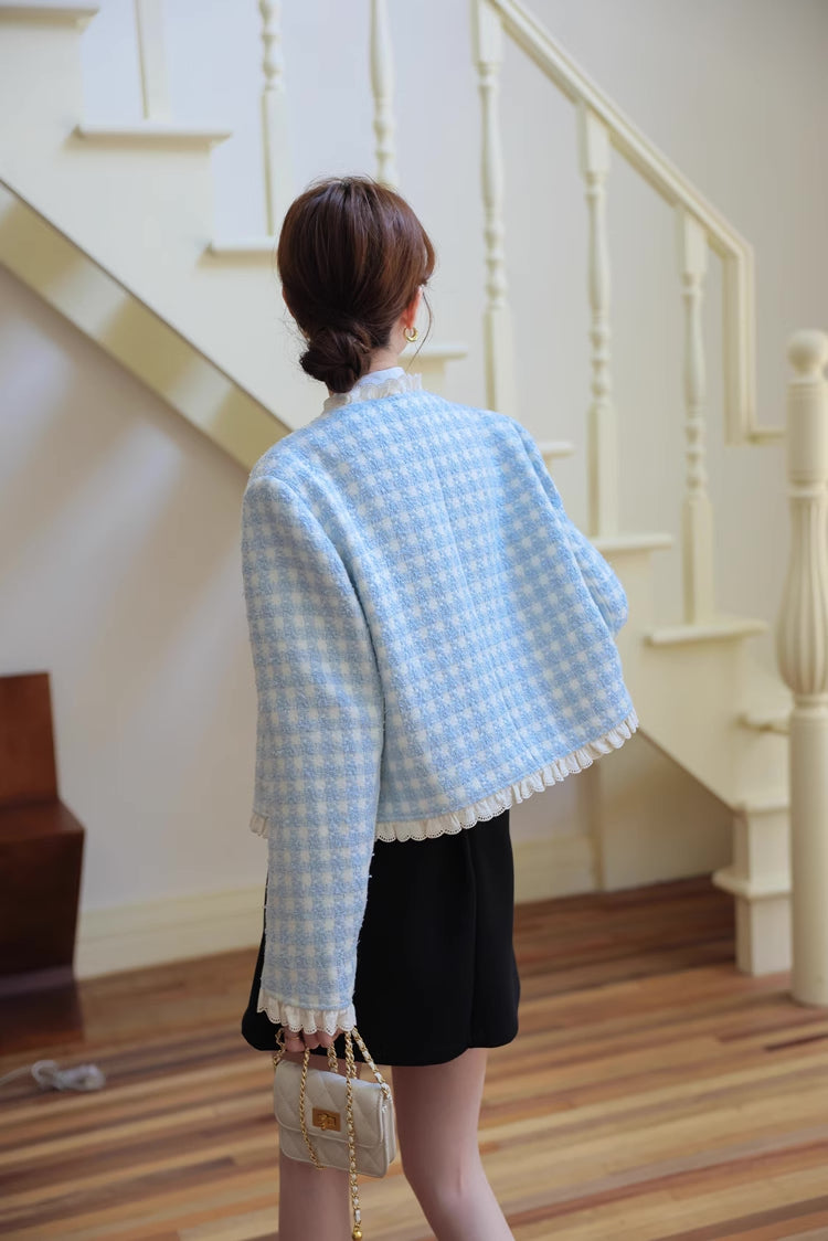 Gingham Lace Trim Tweed Jacket (Blue)