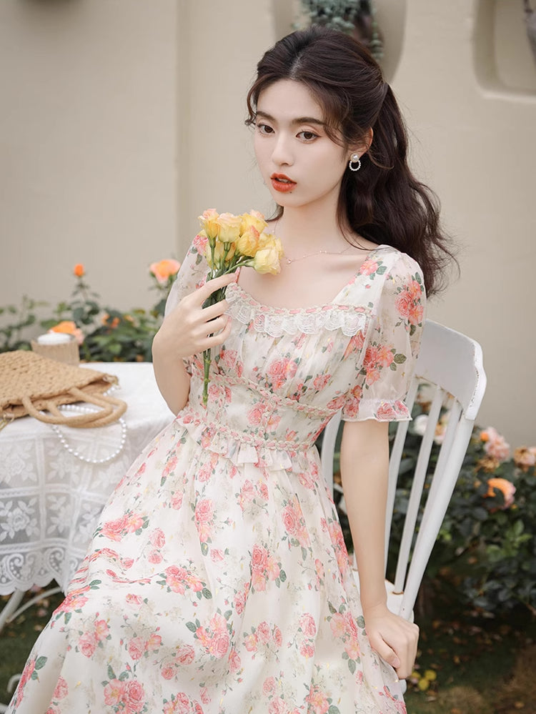 Peony Blush Midi Dress (Cream/Pink)