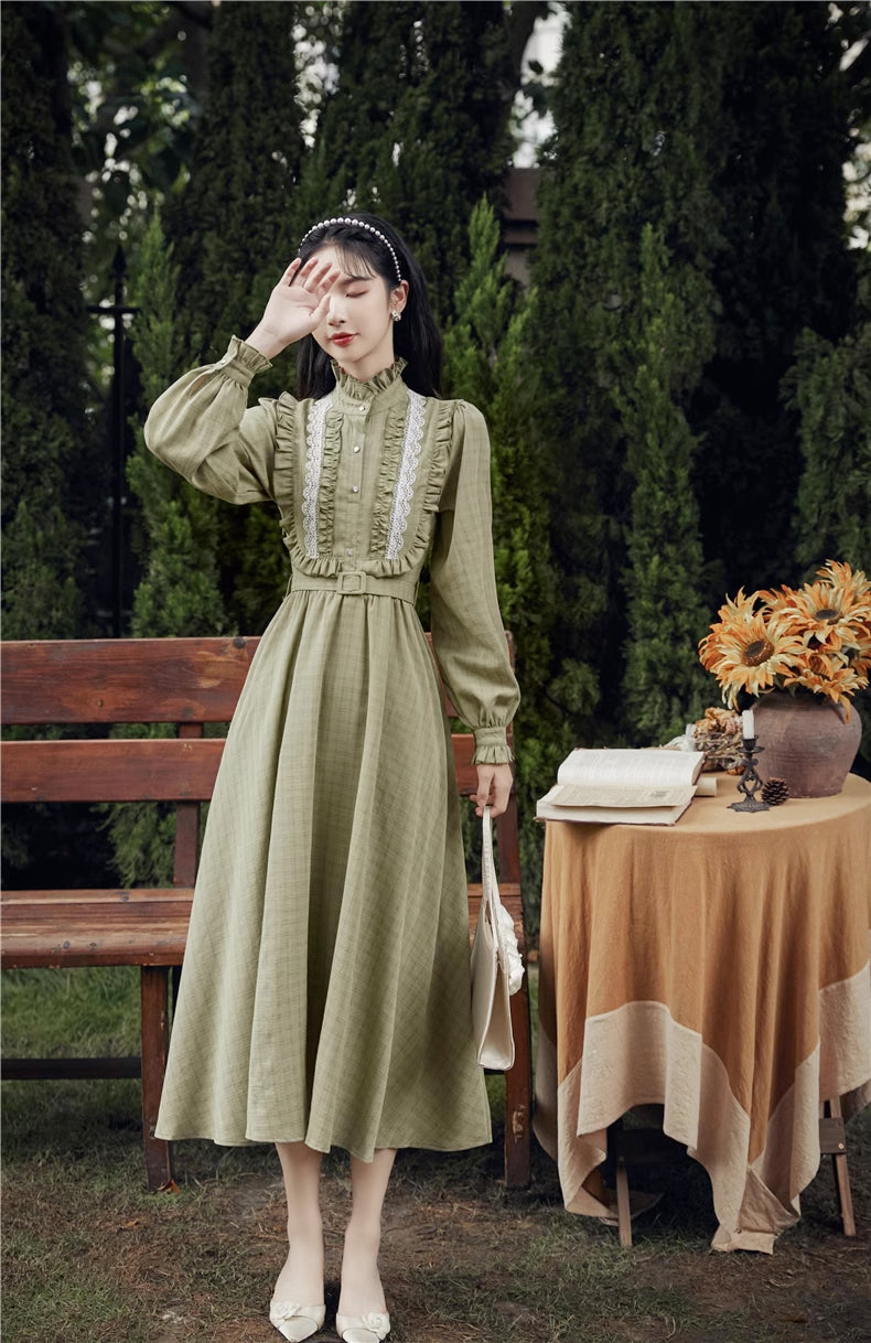Sophie Ruffle Plaid Midi Dress (Olive)