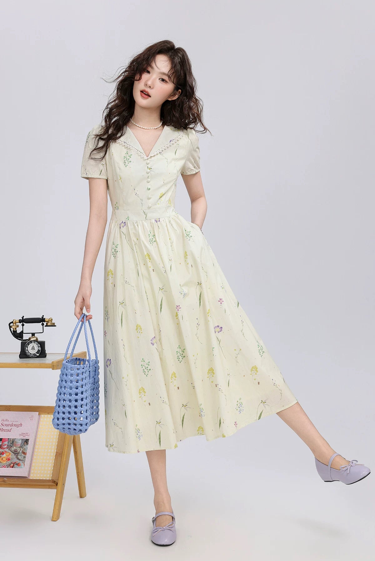 Dried Flowers Midi Shirt Dress (Cream)