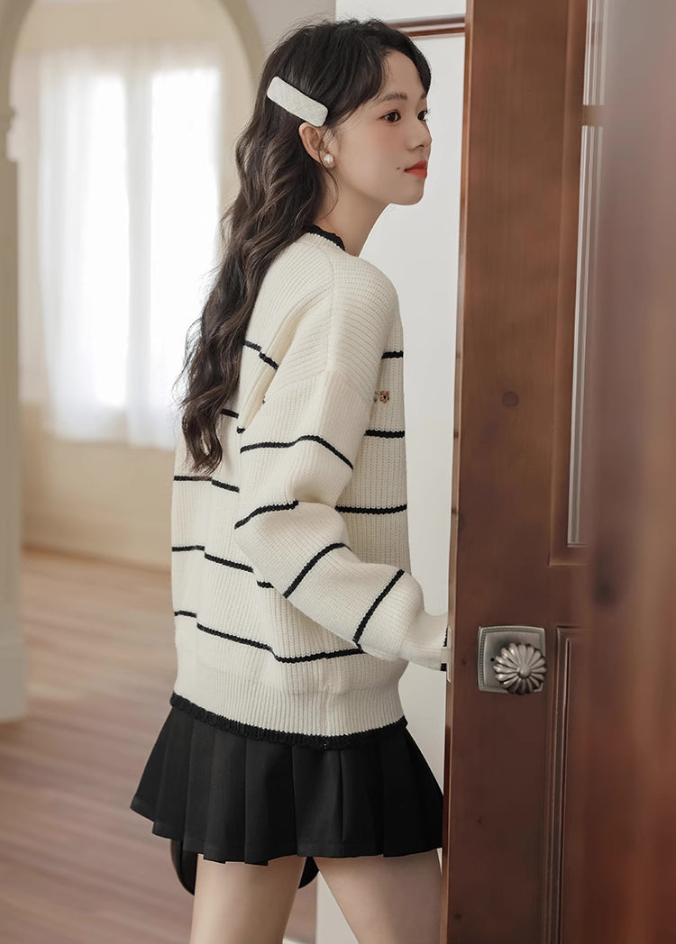 Emily Floral Stripe Sweater (White/Black)