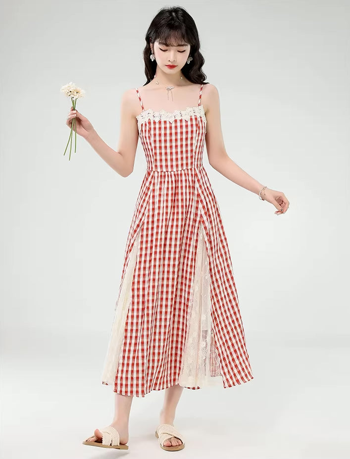 Gingham Lace Cami Maxi Dress (2 Colors)