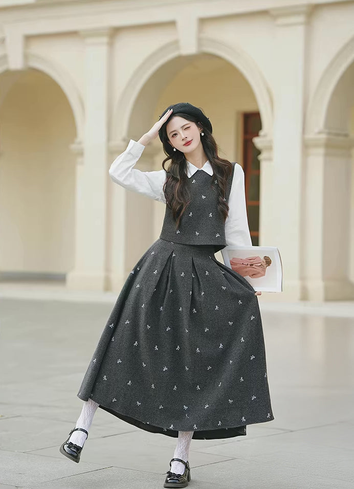 Preppy Bows Vest & Skirt Set (Grey)
