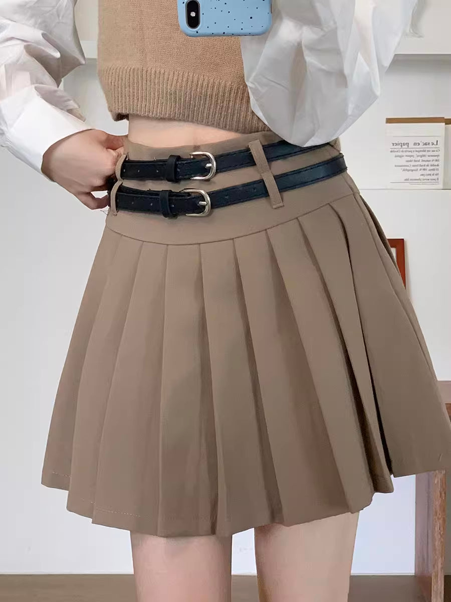 Double Belted Pleated Mini Skirt (5 Colors)