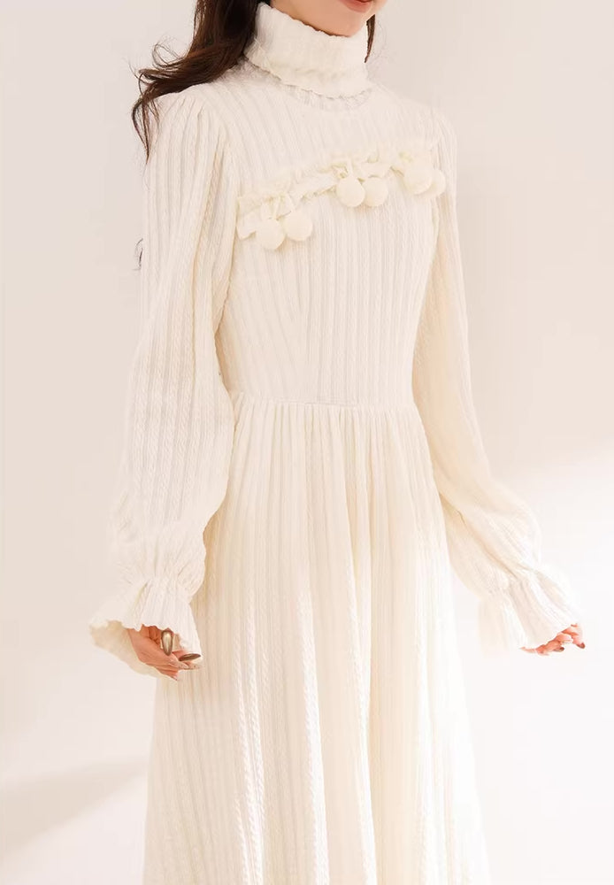 Cherry Pom Pom Turtleneck Sweater Dress (White)