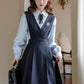 Corduroy Suede Midi Pinafore Dress & Blouse Set (Navy)