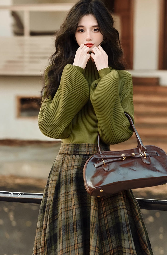 Willow Plaid Sweater & Skirt Set (Green)