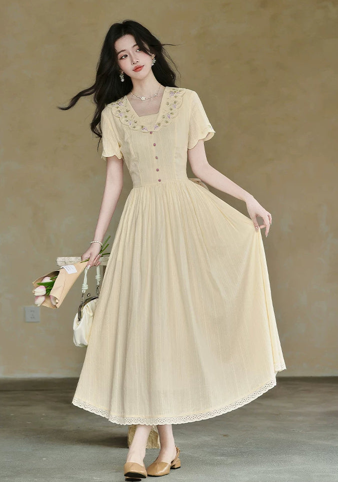 Grapevine Scallop Collar Midi Dress (Yellow)