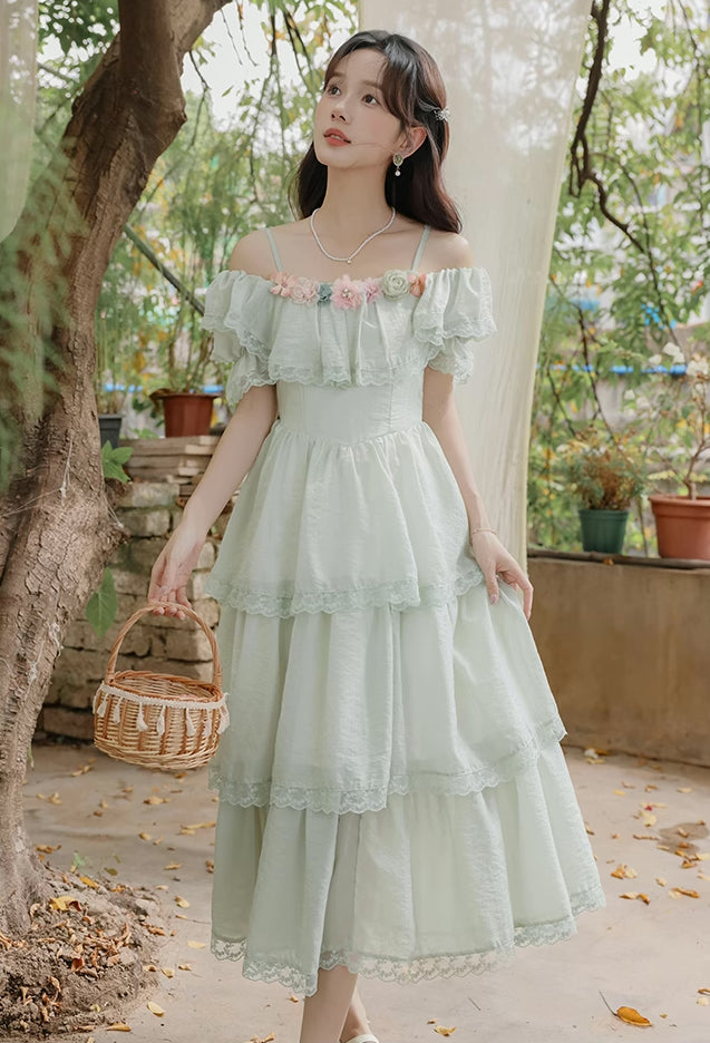 Garden Fairy Tiered Cold Shoulder Midi Dress (Mint Green)