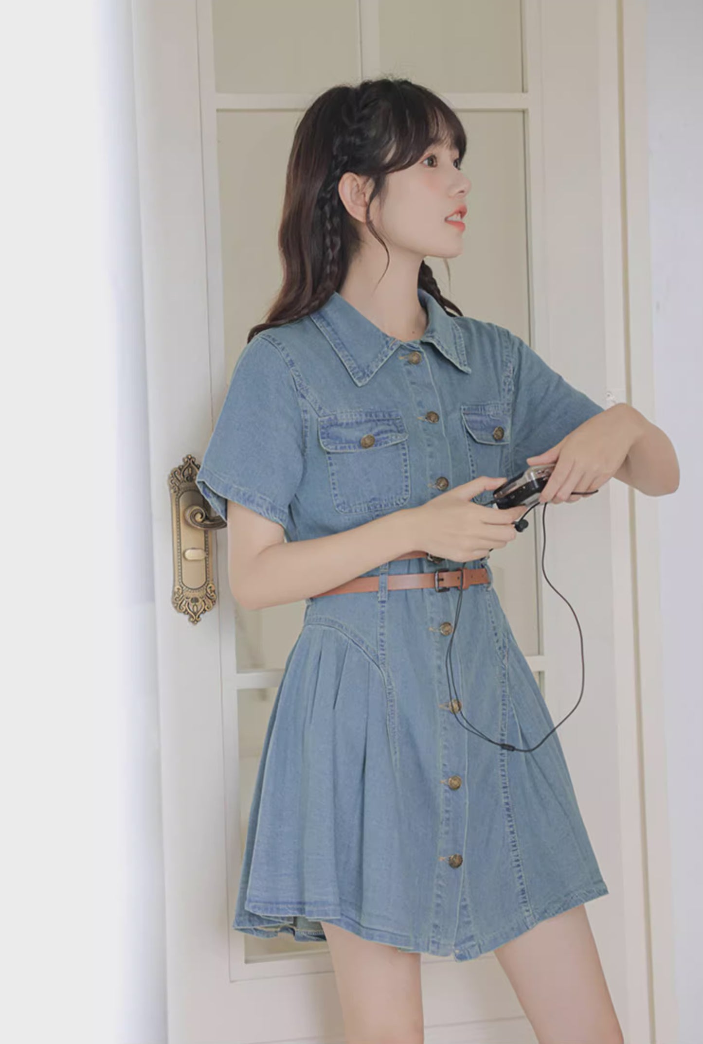 Button Up Denim Mini Dress (Medium Blue)