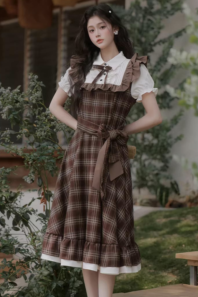 Hazel Plaid Flutter Twofer Midi Dress (Brown)