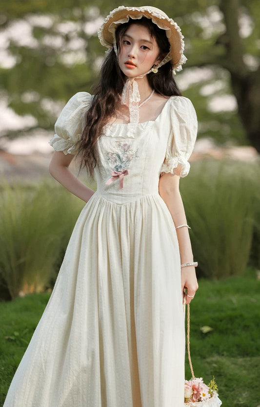 Cottage Flower Midi Dress (Cream)