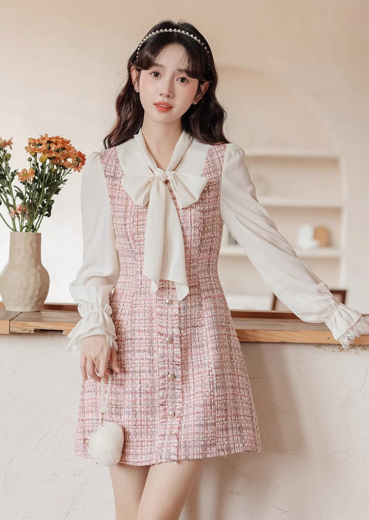 Tie Neck Tweed Mini Shift Dress (Pink)