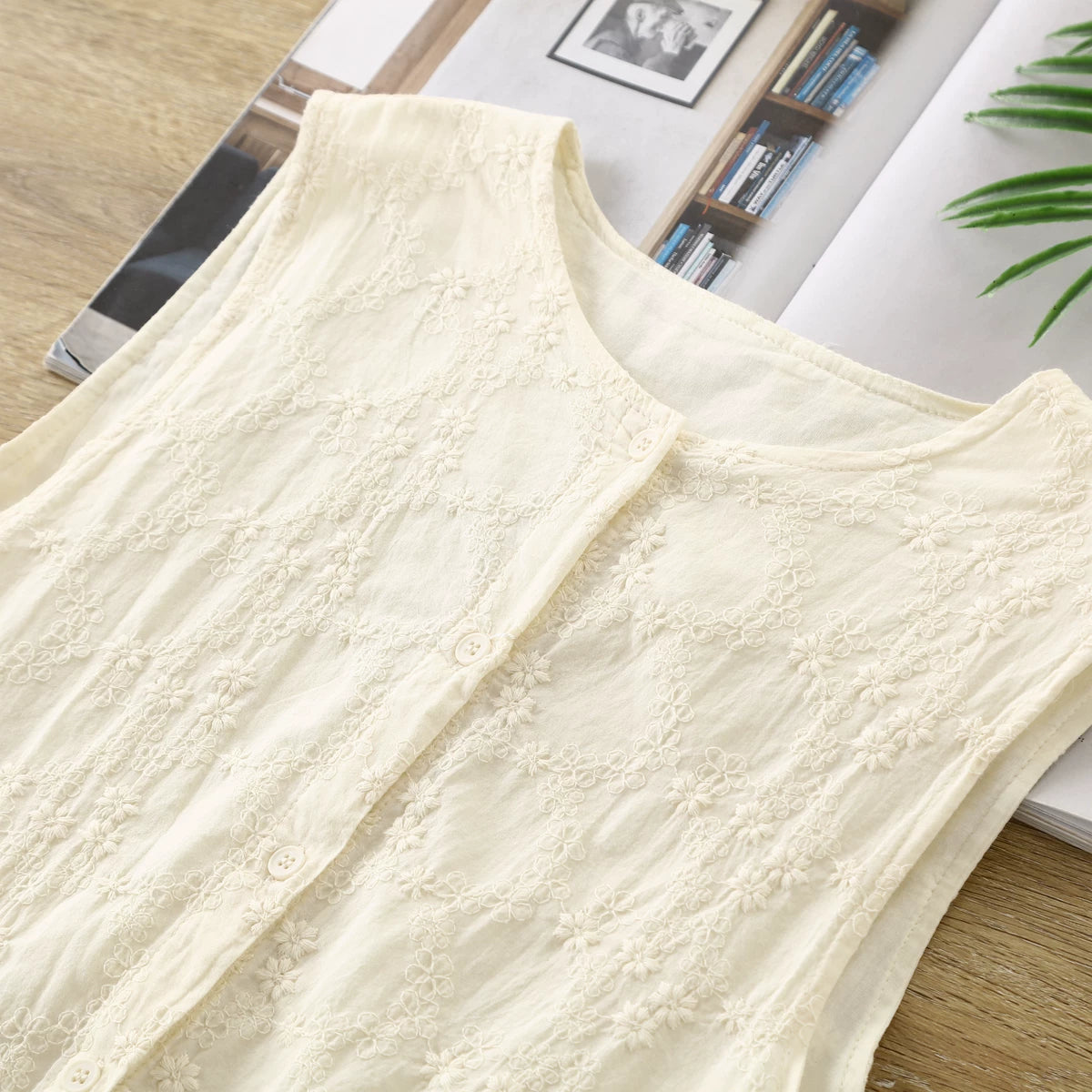 Floral Whimsy Embroidered Vest (Beige)