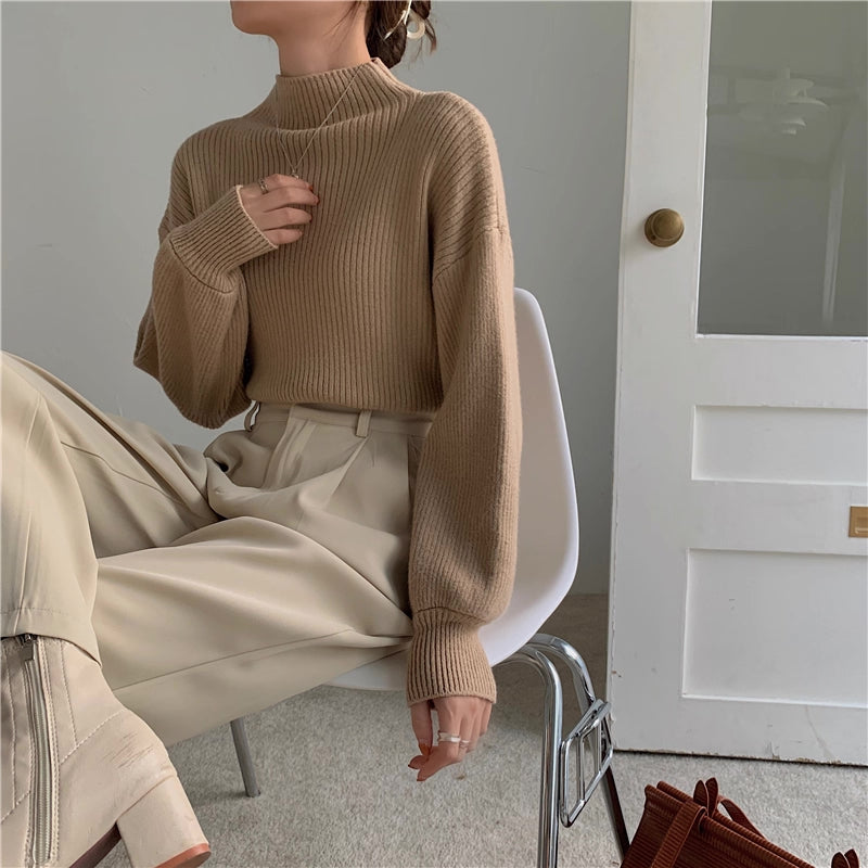 Balloon Sleeve Ribbed Sweater (4 Colors)