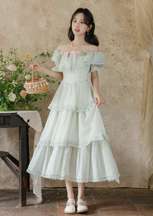 Garden Fairy Tiered Cold Shoulder Midi Dress (Mint Green)