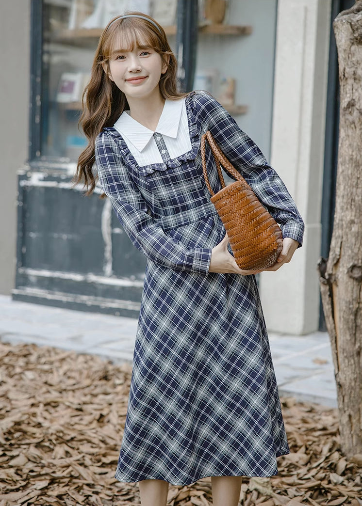 Uni Plaid Midi Dress (Navy)