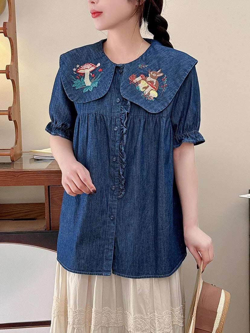 Mushroom Bunny Denim Blouse (2 Colors)