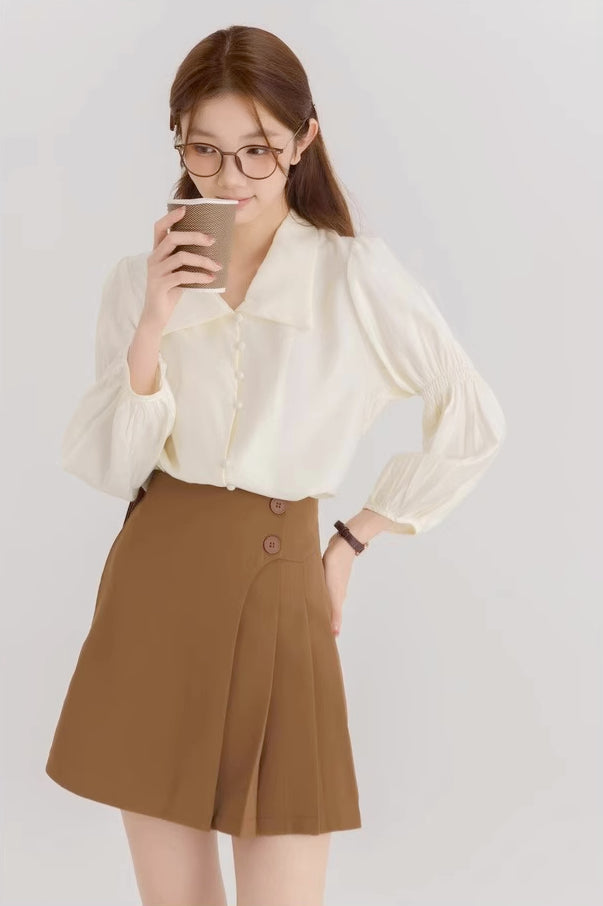 Half Pleated Mini Skirt (Brown)