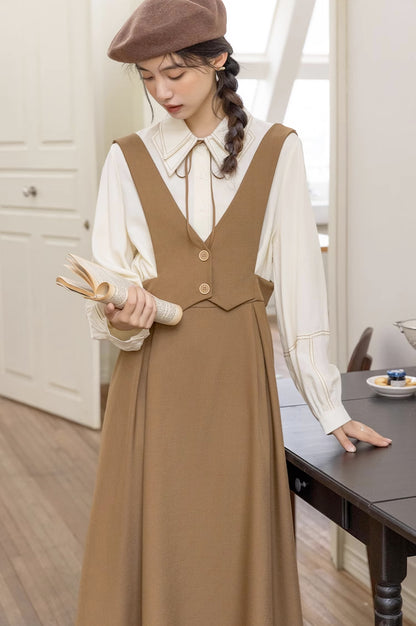 Basic Woven Vest Pinafore Dress / Blouse (2 Colors)