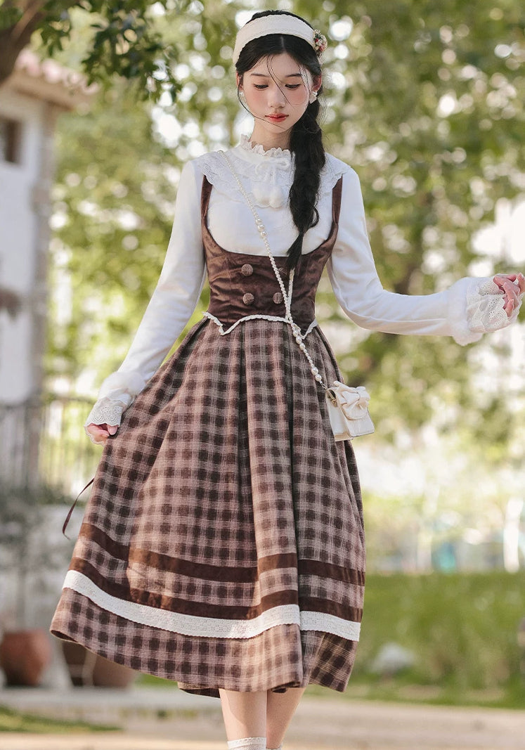 Mocca Plaid Suspender Skirt (Brown)