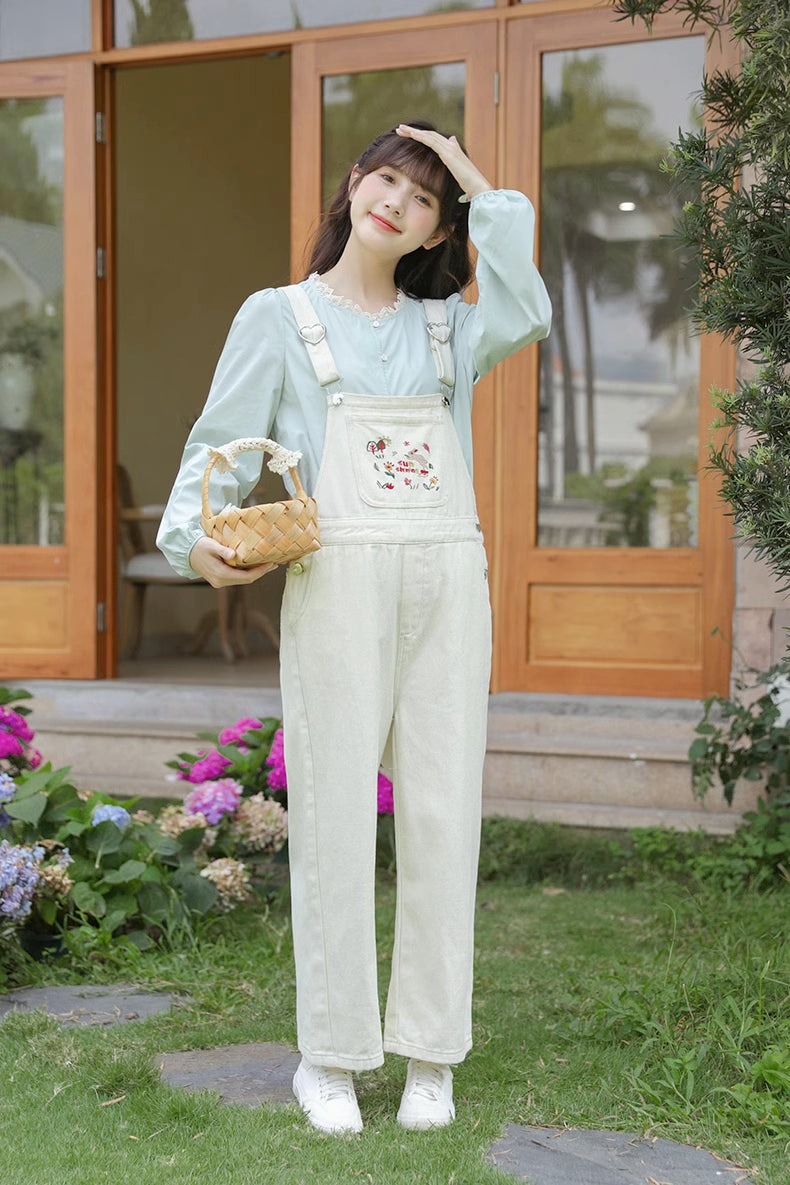 Sun Shining Embroidered Overalls (White)