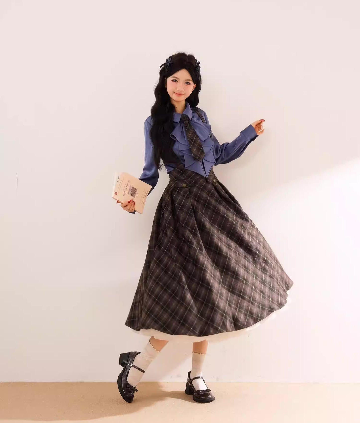 Newsgirl Plaid Suspender Skirt & Blouse Set (2 Colors)
