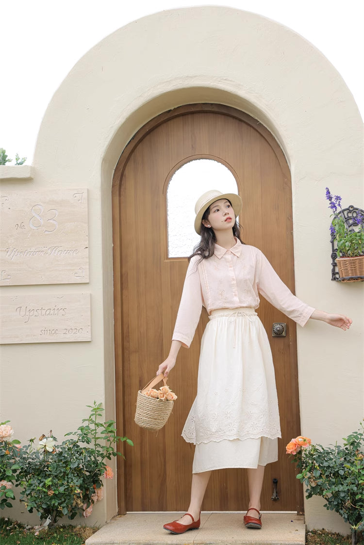 Broderie Apron Midi Skirt (Cream)