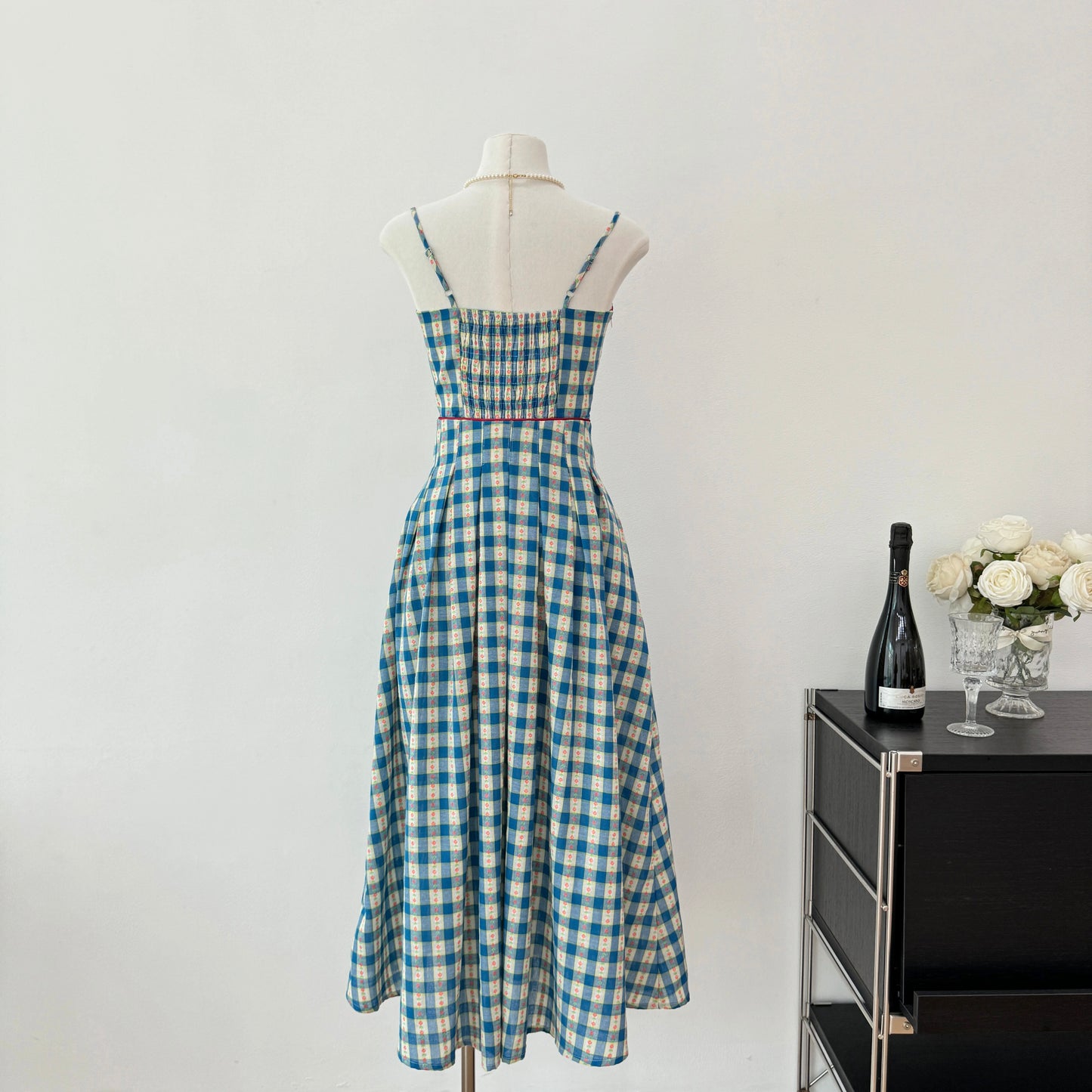 Vintage Gingham Floral Cami Dress (Blue)