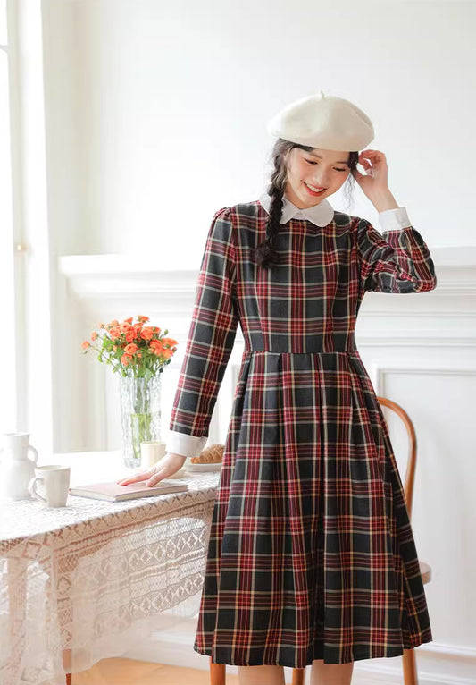 Festive Plaid Midi Dress (Gray/Red)